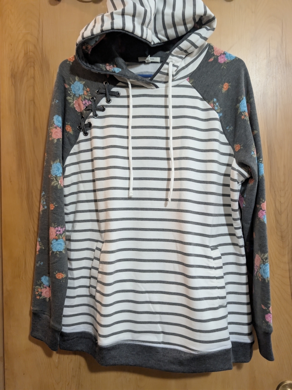 Maurices White & Gray Striped Hoodie with Floral Sleeves